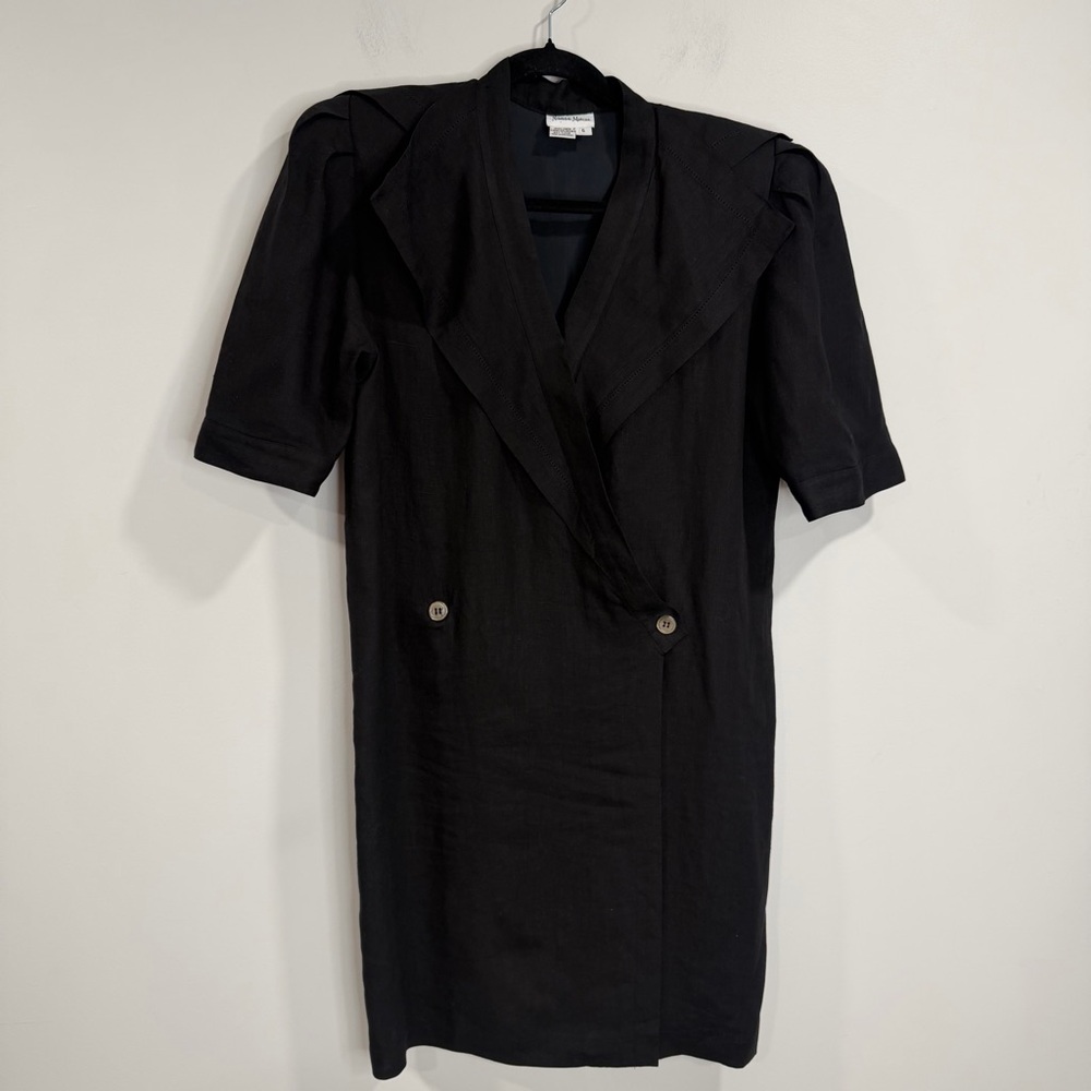 Vintage Neiman Marcus Black Classic V-Neck 100% Linen Wrapped Lined Dress Size 6